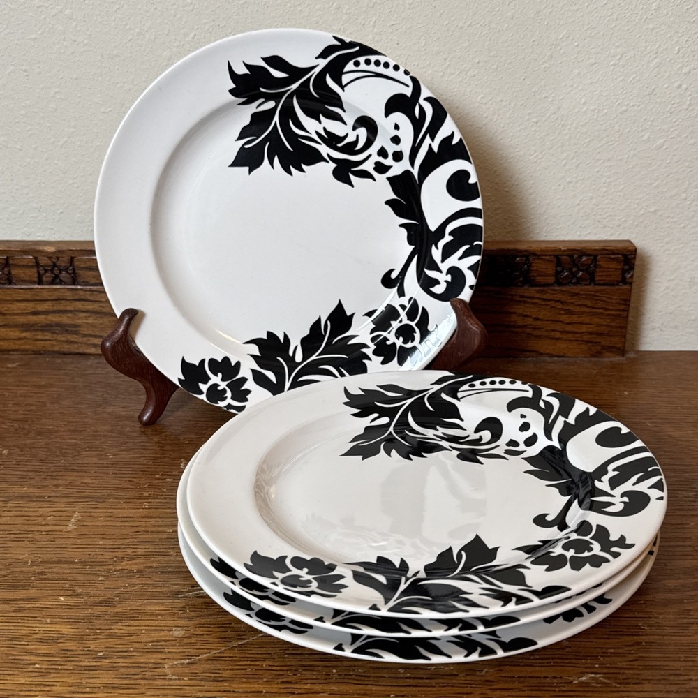 Set of 4 Coventry Black & White Damask II Salad Plates 8" Porcelain